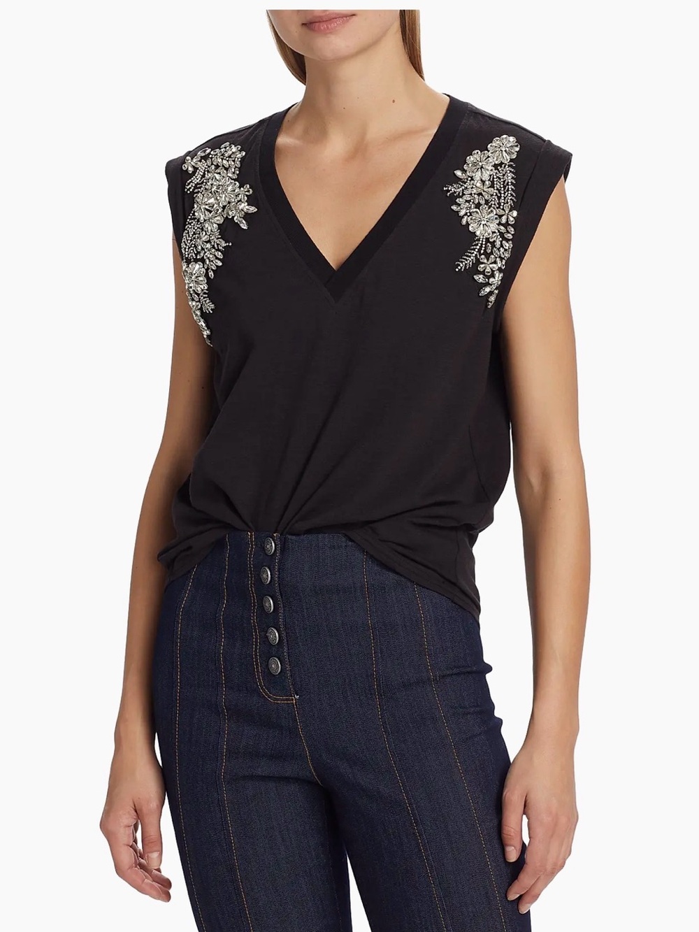 Cinq à Sept Bella Crystal Embellished Black V Neck T Shirt Top Size L NWOT
